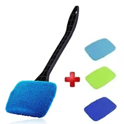 Auto Interior Glass Cleaning Brush Kit with Long Handle - Efficient Car Window Cleaner Tool (Blue and 3pcs Rag)