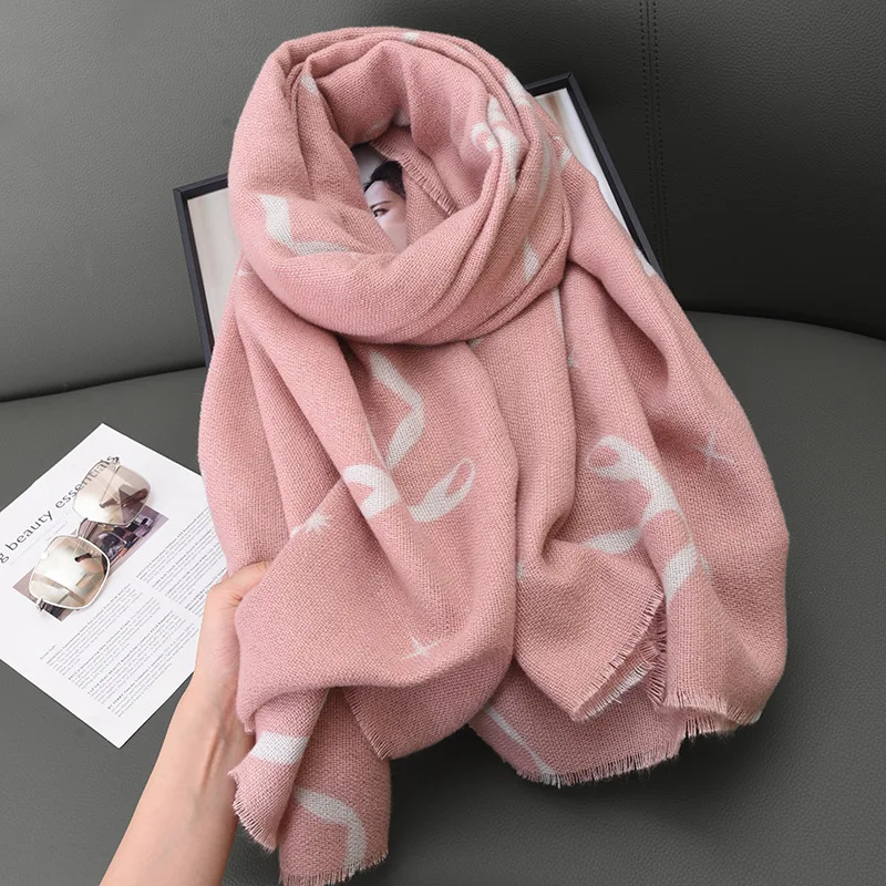 Korean Style Bow Imitation Cashmere Double-sided Scarf for Women Winter Large High-end Shawl Office Fashion Outerwear