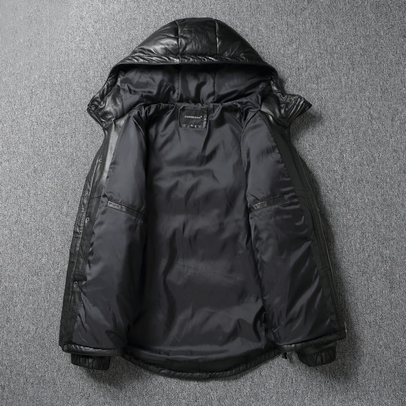 Men Leather Jacket Thick Hood Warm Down Coat