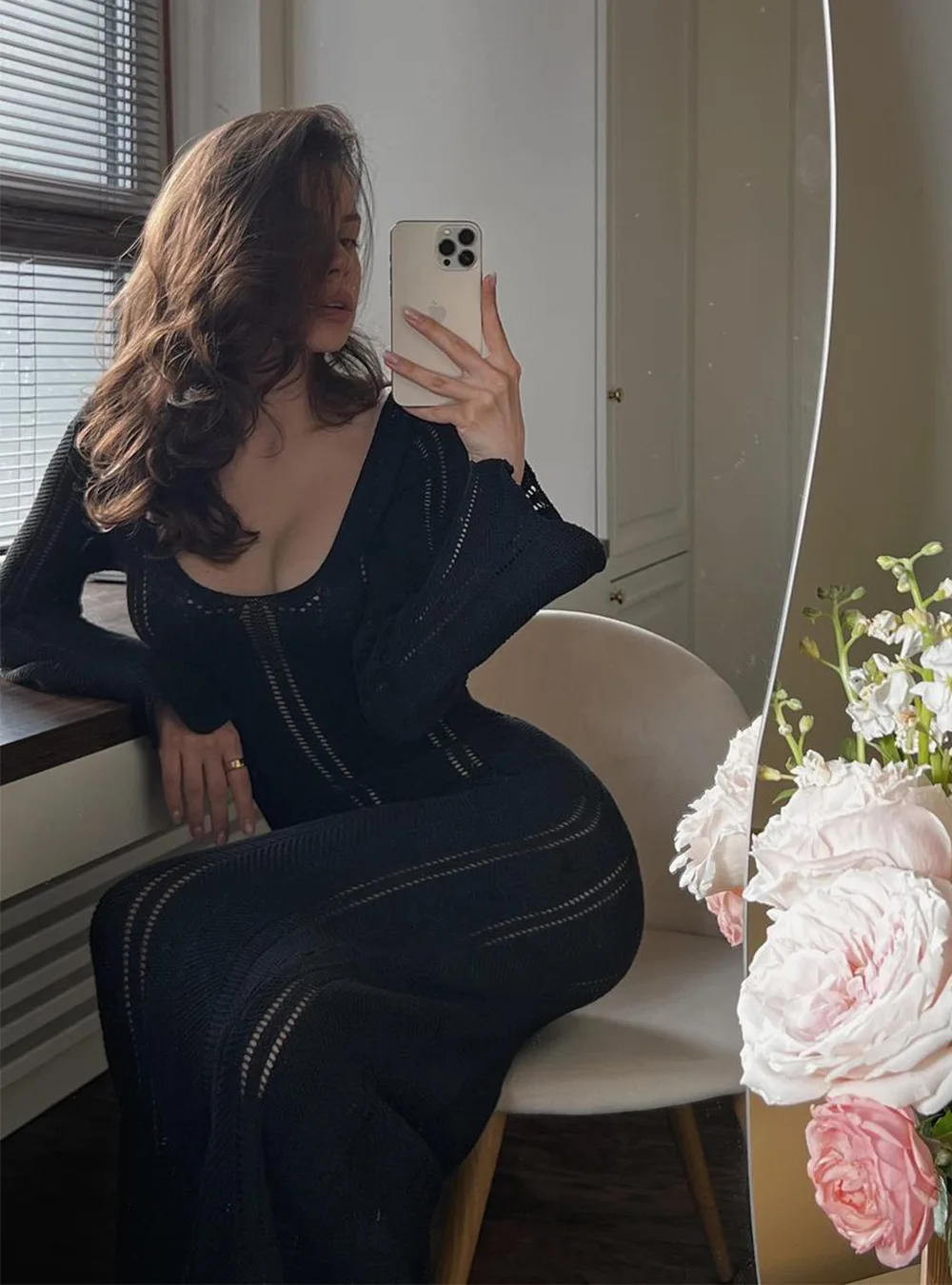 Hollow Out Knitwear Backless Long Dress Women's Slim High Waist Skinny Autumn Elegant Party Dress Female Knit Dress