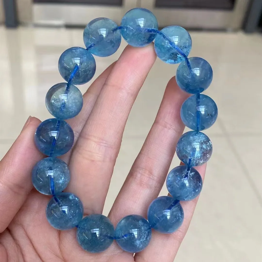 Natural Blue Aquamarine Big Round Beads Bracciale Donna Uomo 14Mm Gift Fashion Brazil Deep Blue Aquamarine Jewelry Aaaaa