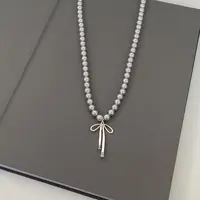 Fashionable Choker with Pendant Graceful Bowknot Pendant Choker Necklace with Gray Pearls Neck Jewelry Accessories - Image 2