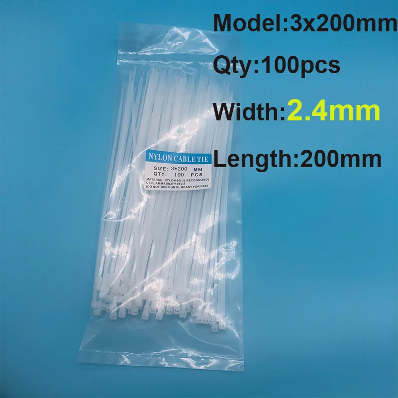 100Pcs Witte Nylon Klem 3*100Mm 3*150Mm 3*200Mm Sterke Zelfsluitende Plastic Kabelbinder