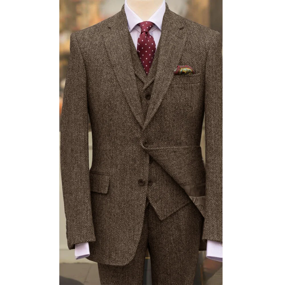 Men Suits Elegant Men\'s Full Suit Three Piece Herringbone Fabric Casual Fashion Groomsmen Grooms Dress Custom Man Suit Trousers