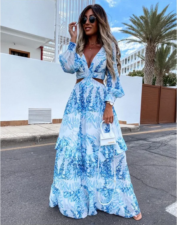 Sexy Hollow Out Maxi Dress Women 2022 Autumn Lantern Sleeve Party Club Tunic Beach Dress Bohemian V-Neck Backless Long Dresses denim dress