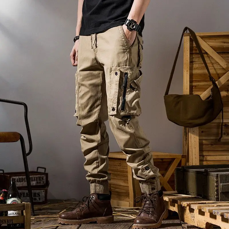 

Luxury Fashion Retro Men's Plus Size Elastic Waist Casual Cotton Pants with Vintage American Workwear Bottom Cargo Baggy Pants