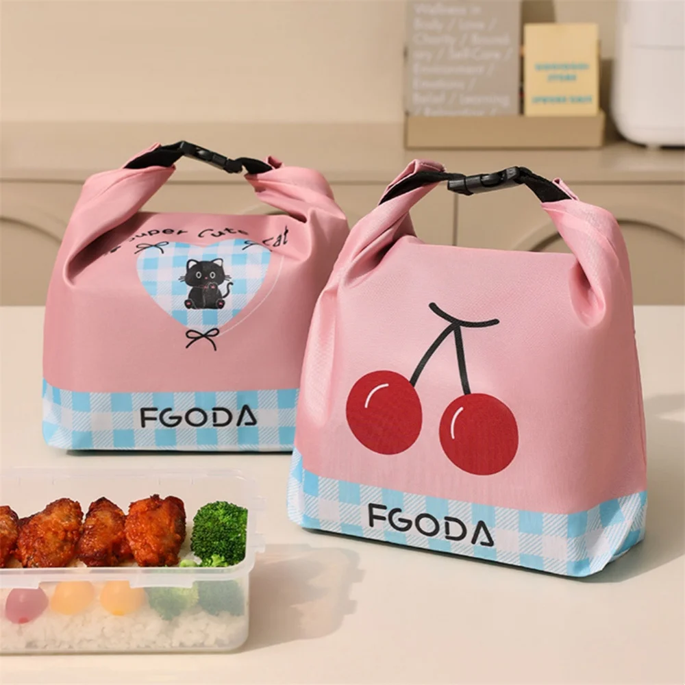 Cute Cherry Cat Lunch Bag Thermal Insulation Lunch Box Storage Handbag Multifunctional Kid School Cooler Bag Picnic Food Pouch