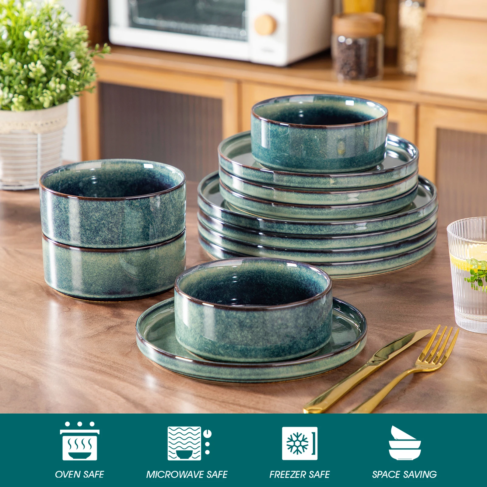 12/24/36pcs Reactive Glaze Ceramic Dinner Plate Bowl Tableware Set