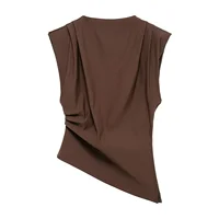 2025 Summer Asymmetric Tank Women Wine Red/Brown/Black Ruched Sleeve Office&Party Tops Breathable Stretchy Slim Fit Streetwear - Image 4