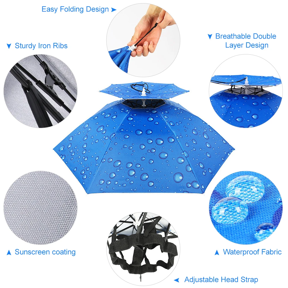 휴대용 접이식 방풍 우산 모자 모자, 낚시 하이킹 캠핑에 적합, UV 차단, 우수한 제품, 남녀공용