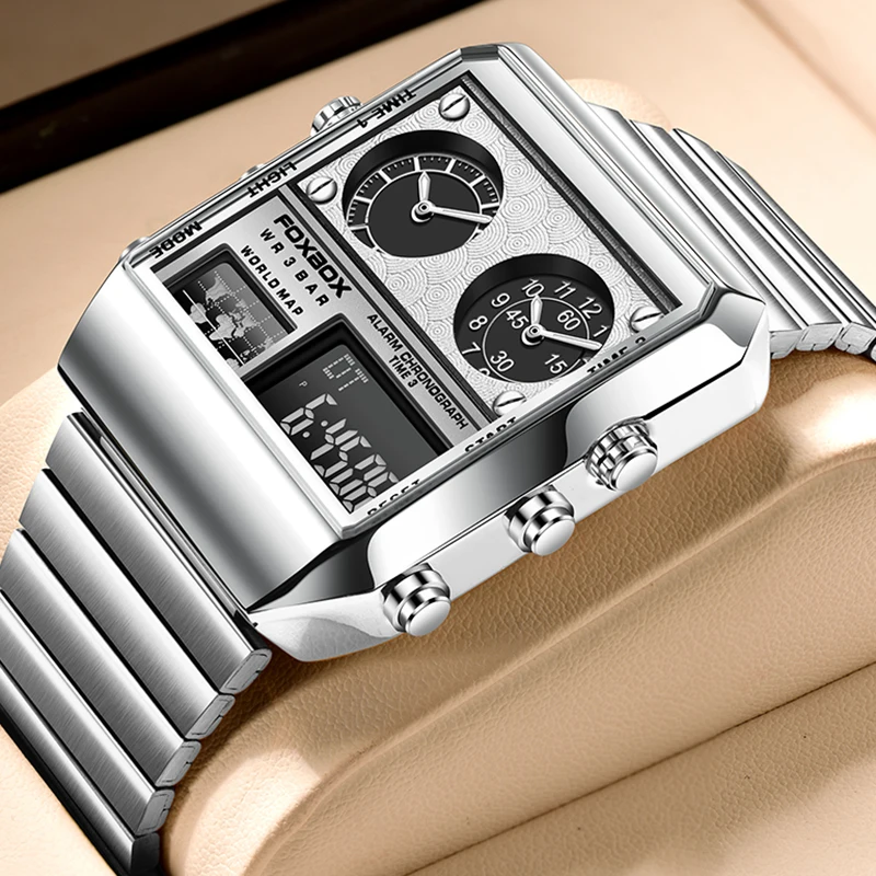 FOXBOX New Luxury Square Stainless Steel Waterproof Watch Men Fashion Men's Digital Watches Military Clock LED Sport Wristwatch