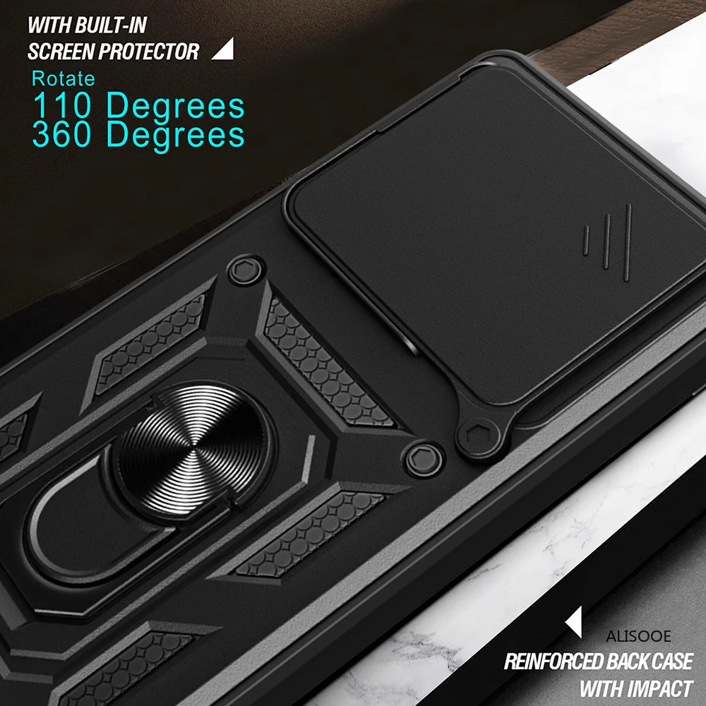Slide Camera Cover with Ring Kickstand Holder - Full Protective Shockproof Phone Case