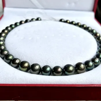 Fine 12-13mm Natural Pearl Necklace for Women Round Black Peacock Green Beads Wedding Party Jewelry Gifts Silver Clasp