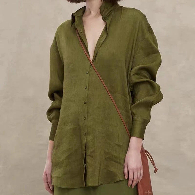 light-silk-linen-olive-green-lapel-slender-women-shirt