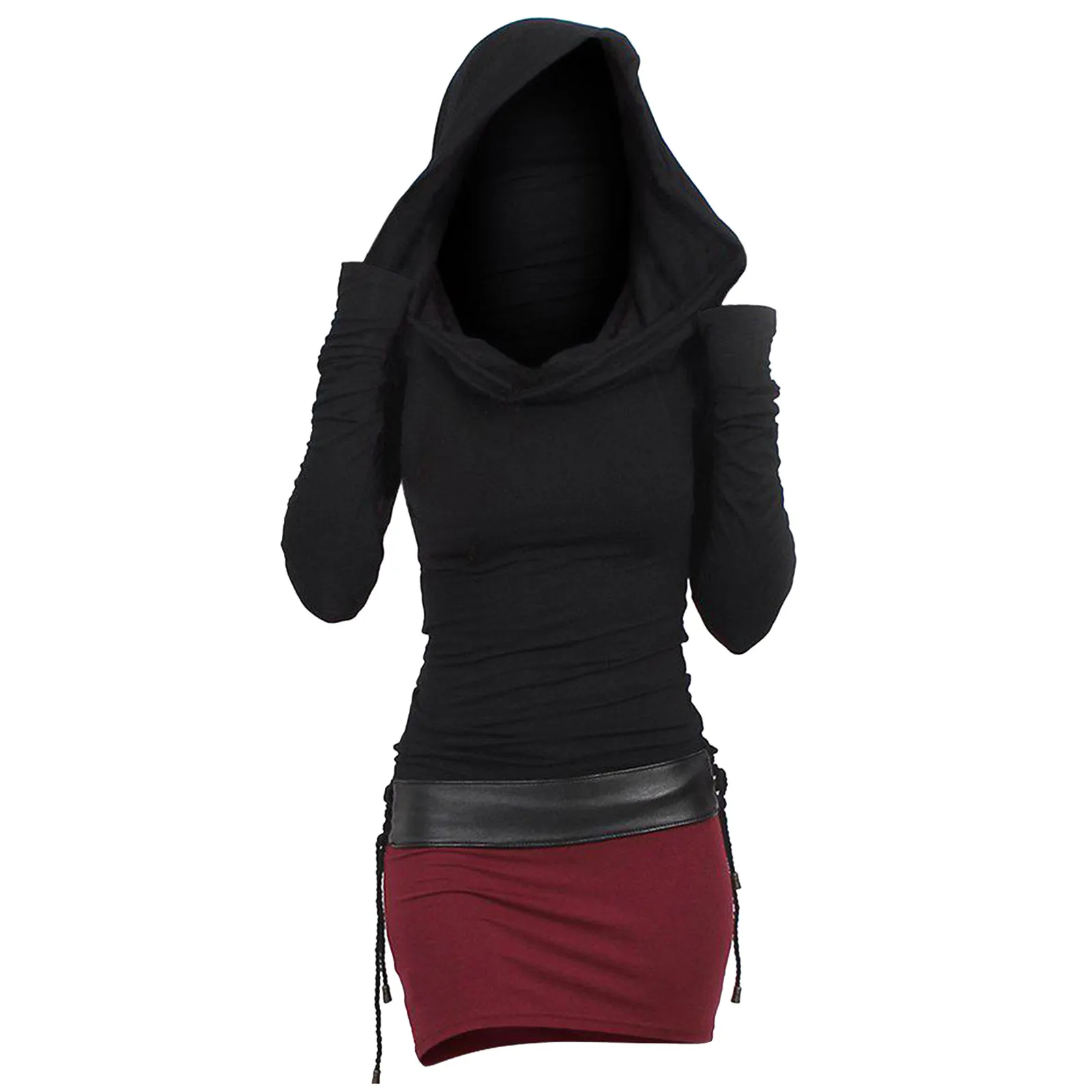 

Gothic Lace Up Slim Waist Belted Long Sleeve Dress Bicolor Slinky Cowl Front Bodycon Vestidos Cute Cat Ear Hooded Cosplay Dress