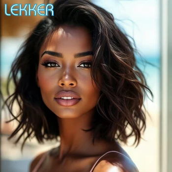 Lekker Black Short Wavy Bob 13x1 C Part Lace Front 100% Human Hair Wigs For Women Brazilian Remy Hair Colored Glueless 12" Wigs