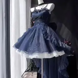 Vintage Inspired Bow Sleeveless Evening Party Mini Dress - Japanese Kawaii Lolita Style Y2K Fashion - M (55710 dark blue)