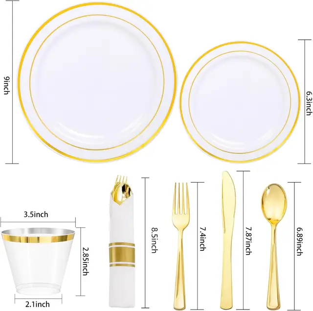 Luxury 350-piece gold dinnerware set for 50 guests on table