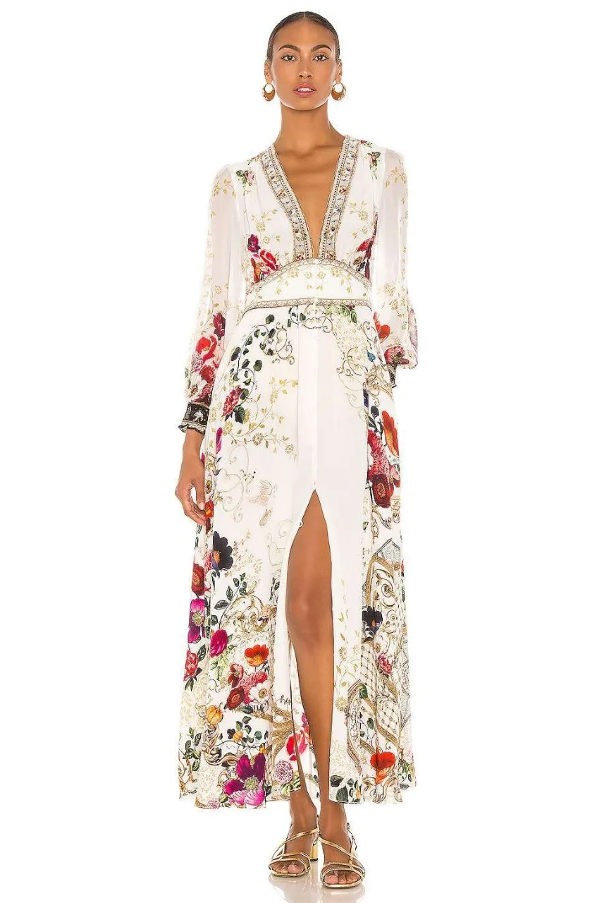 

2023 Spring Runway Fashion Elegant Floral Maxi Dress for Women Deep V Neck Print Bohemian Holiday Party Dresses