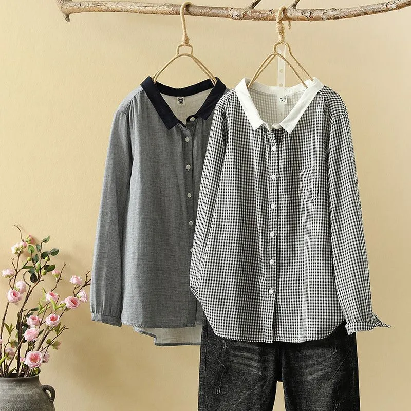 

New Spring Arts Style Women Long Sleeve Loose Plaid Cotton Linen Shirt Single Breasted Turn-down Collar Casual Blouse C712