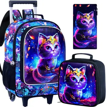 4 Pack Wheeled Backpack for Girls, Cat Wheeled School Backpack for Kids with Lunch Bag, Wheeled School Bag for Elementary School Kids 1