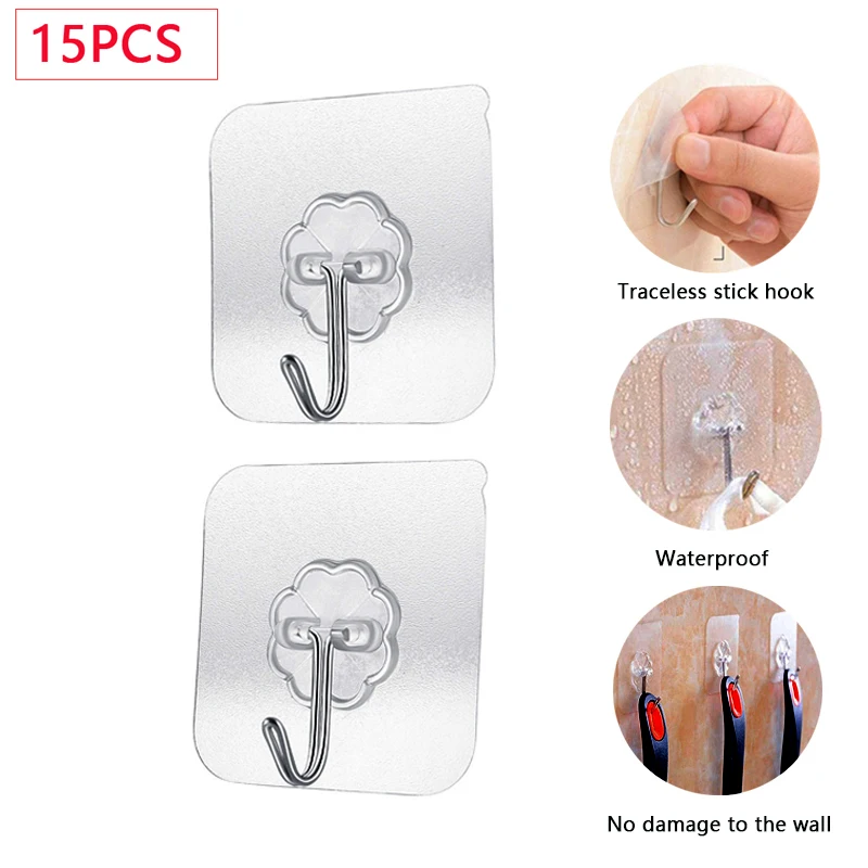 

15PCS Multi-Function Hook Transparent hook Strong Self Adhesive Hooks Stainless Steel Wall Organizer Hanger for Bathroom Kitchen
