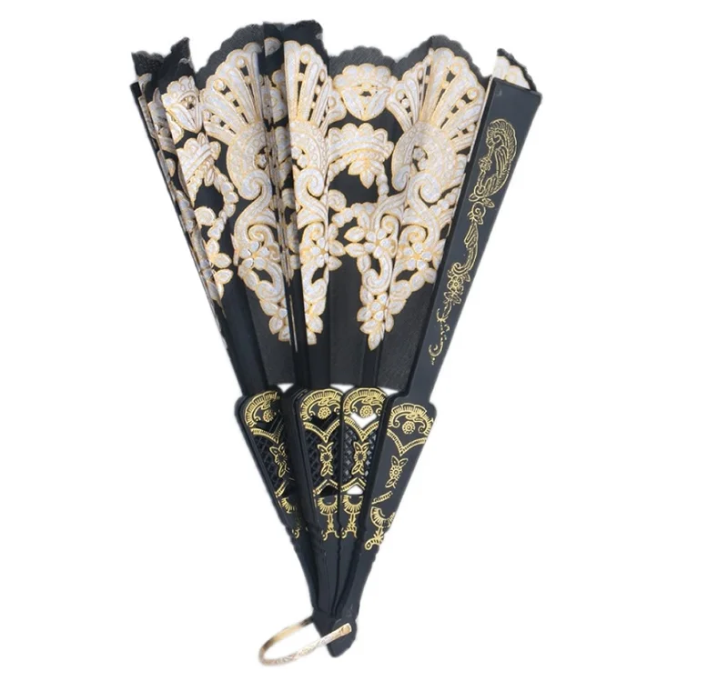 Vacclo Folding Hand Held Fan Flower Lace Black Wedding Dance Party Silk Fans Luxury Fashion Hot Stamping Fan Spanish Style folding fan,hand fan,silk fans