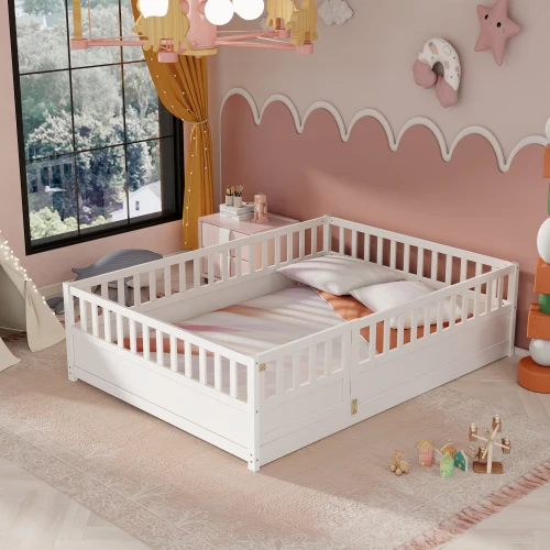 Twin Size Floor bed, integral construction with super high security barrier,wooden children's floor bed, white 2