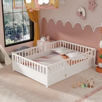 Twin Size Floor bed, integral construction with super high security barrier,wooden children's floor bed, white 2