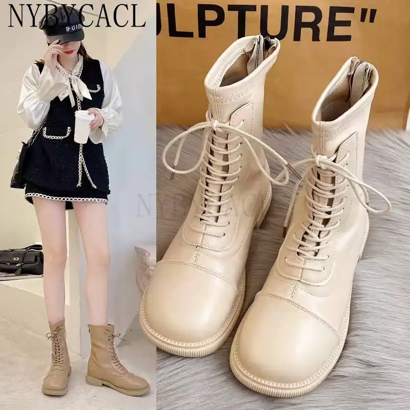 2022 Autumn Winter Women Ankle Boots Shoes Solid Black Beige Lace-up Square Toe Rubber Elegant fashion Low Heels Women Boots New