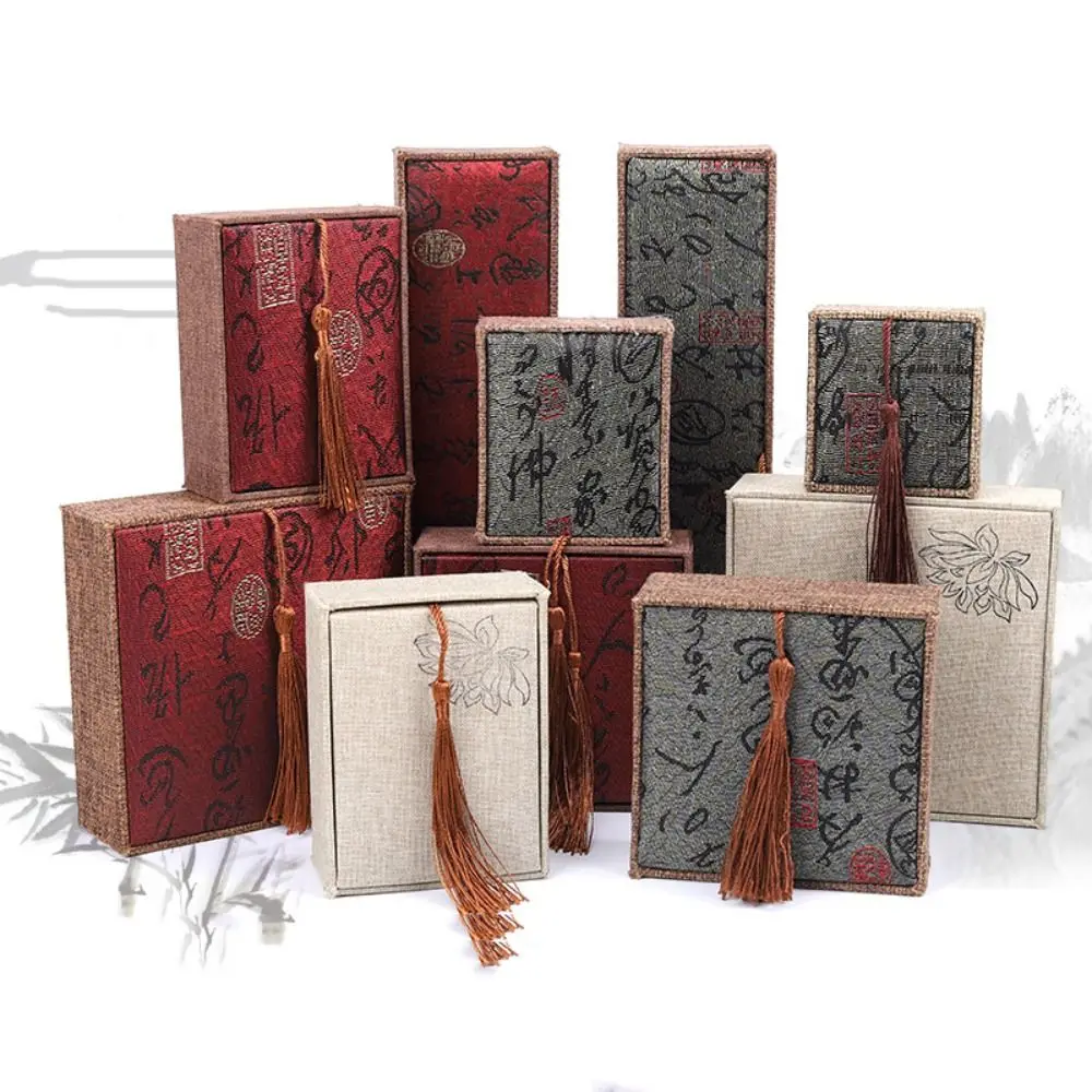 Rectangular Linen Tassel Jewelry Box Chinese Style Embroidered Fabric Necklace Storage Box Calligraphy Lotus 3