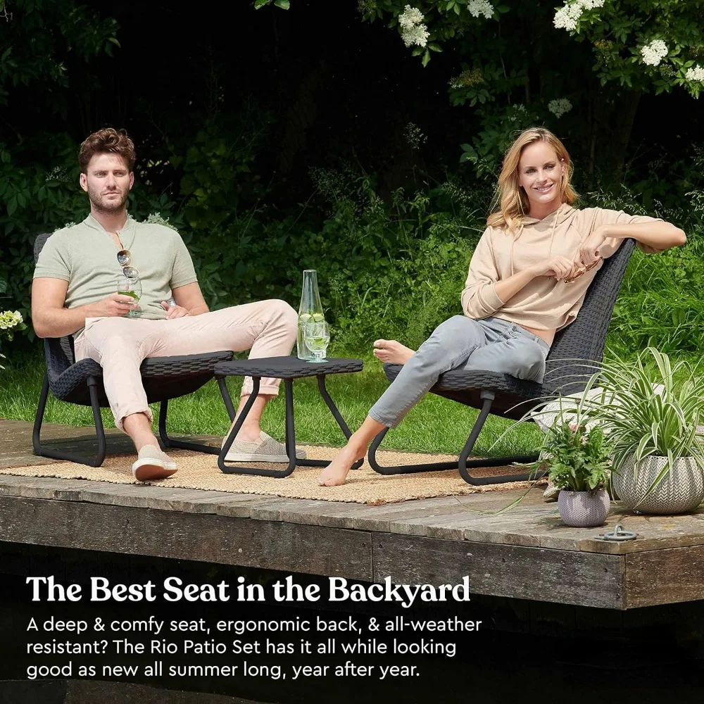 

3 Piece Resin Wicker Patio Furniture Set With Side Table and Outdoor Chairs Portable Folding Chair Dark Grey