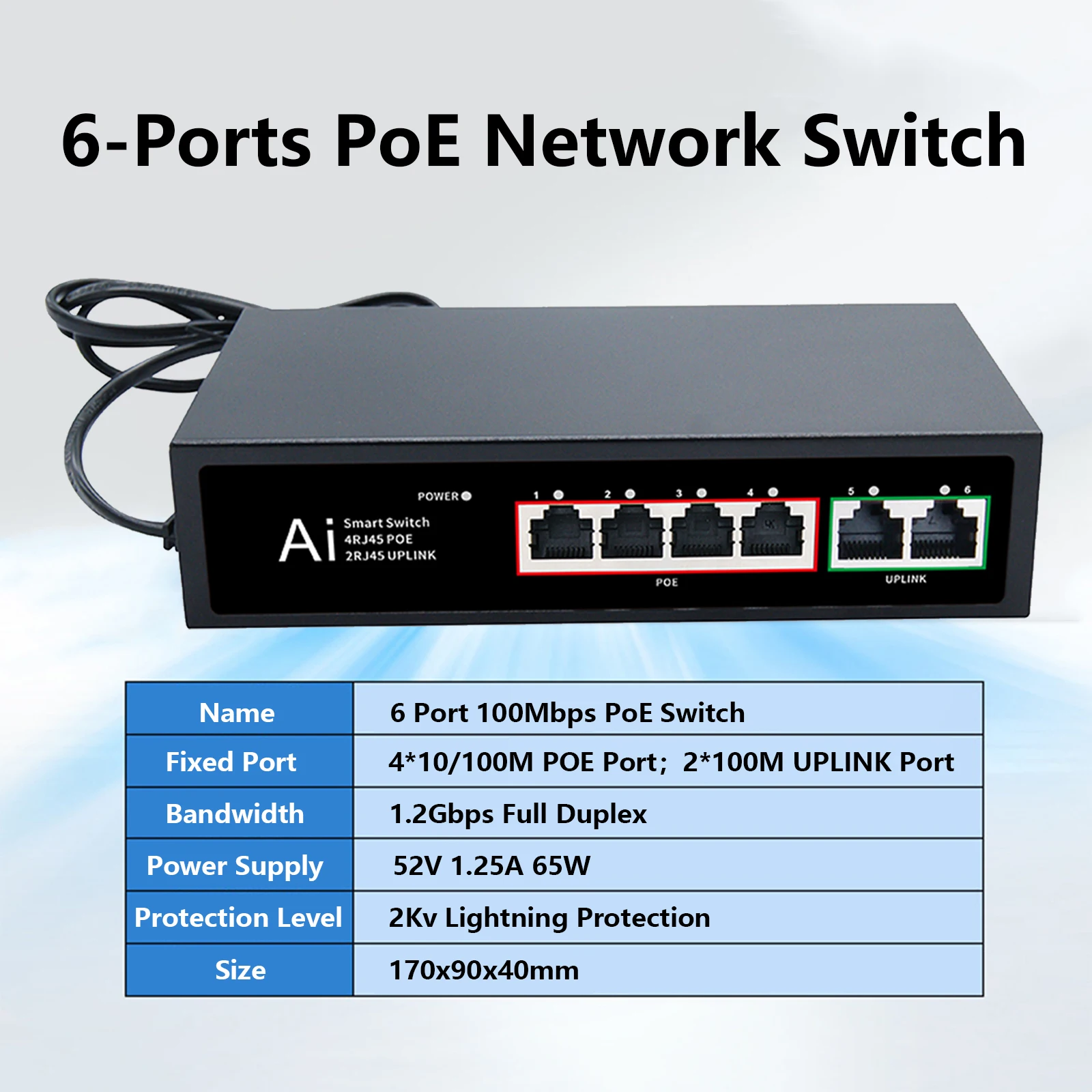 TEROW 이더넷 네트워크 고속 스위치, IP 카메라, 와이파이 라우터용, 표준 PoE 스위치, 4 PoE + 2 UpLink, 100Mbps 스마트 스위치, 6 포트