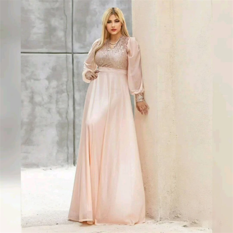 

Muslim Glitter Formal Evening Dresses Lantern Sleeves A-Line V-Neck Prom Dress Bridesmaid For Wedding Shiny Party Gowns 2023