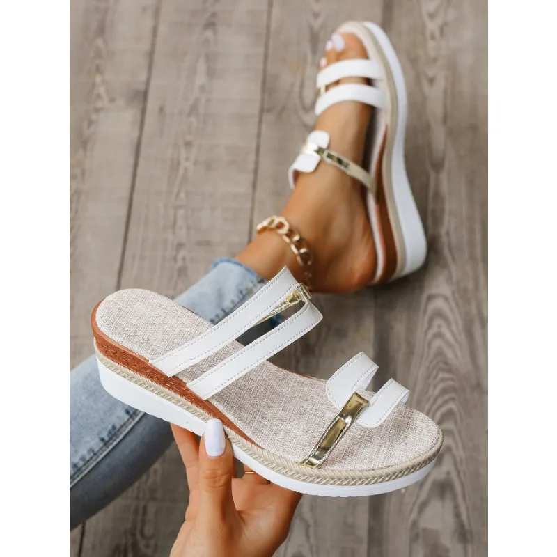 Womens Wedges Sandals Tan Ladies Summer Casual Shiny Leather Thick Bottom Outer Wear Beach Slope Heel Big Swim Sandals Women