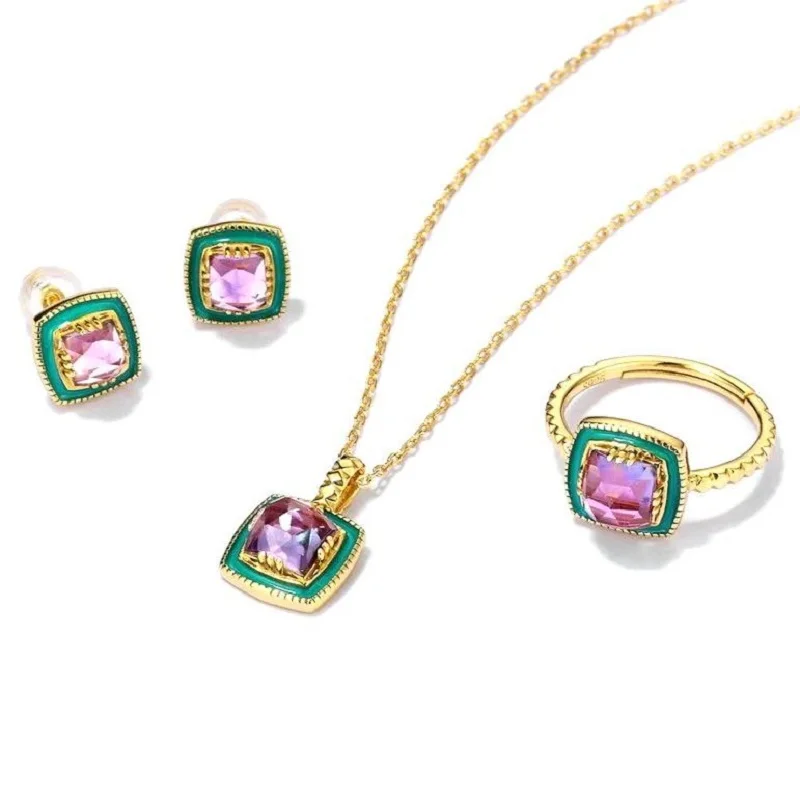 

YF New Launch Environmental Protection Enamel Inlaid Crystal Geometry Earrings Necklace Ring Gift Jewelry Set