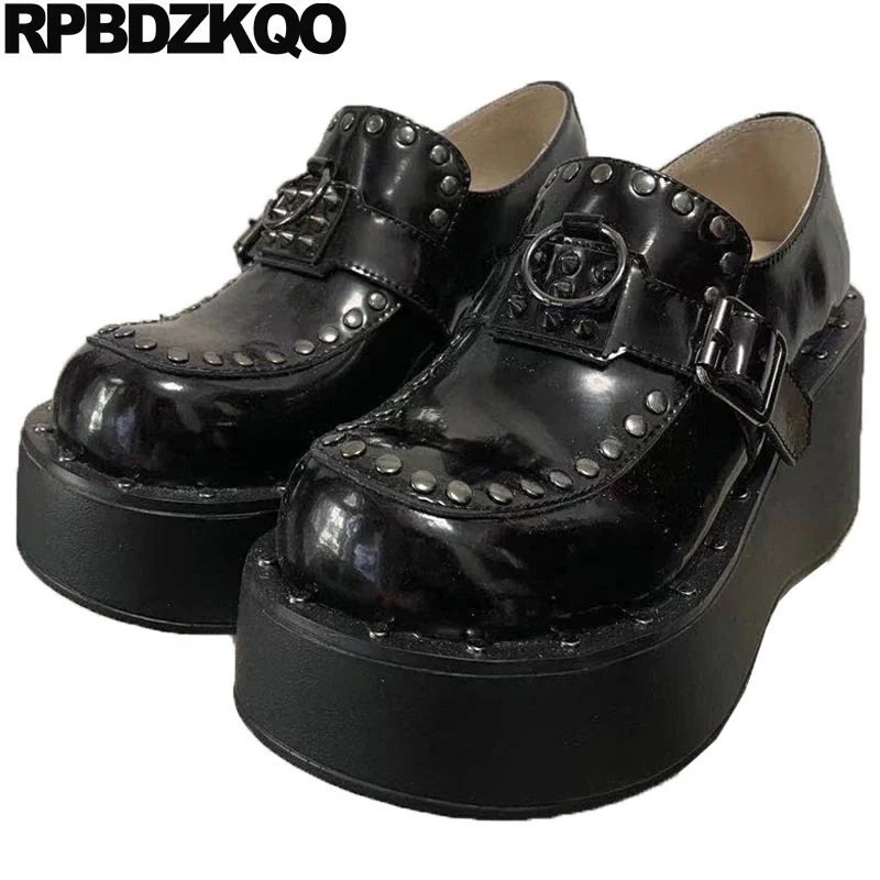 

Shoes Women Rock Patent Leather High Heels Metal Wedges Buckle Round Toe Studded Platform Pumps Small Size Stud Y2k Rivet Punk