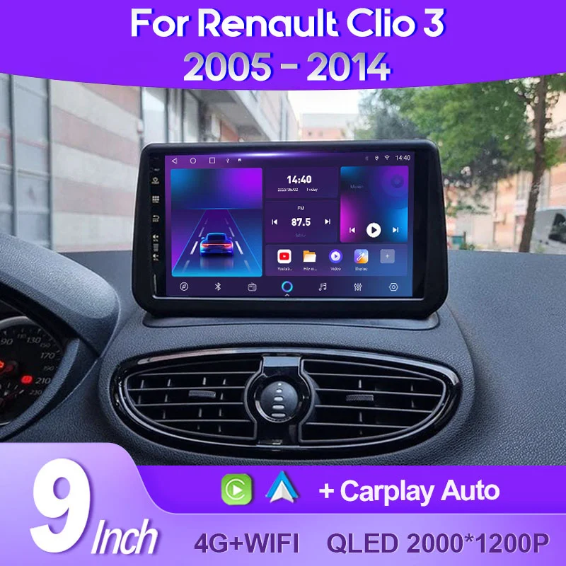 Autoradio Android 13 Pour Renault Clio 3 (2005-2014) - Écran Tactile 9", 2Go+64Go, CarPlay/Android Auto Sans Fil, GPS, Caméra De Recul