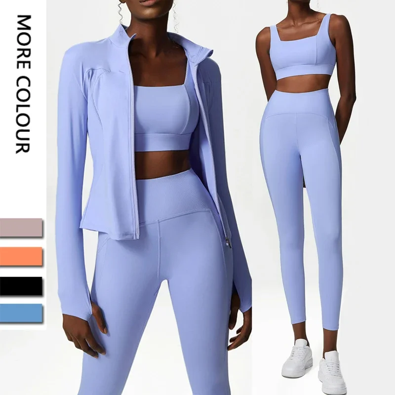 

3Pcs Fitness Yoga Set Women Workout Athletic Clothing Long Sleeve Shirt Gym Bras High Waist Leggings Tights-Fitting Sportswear