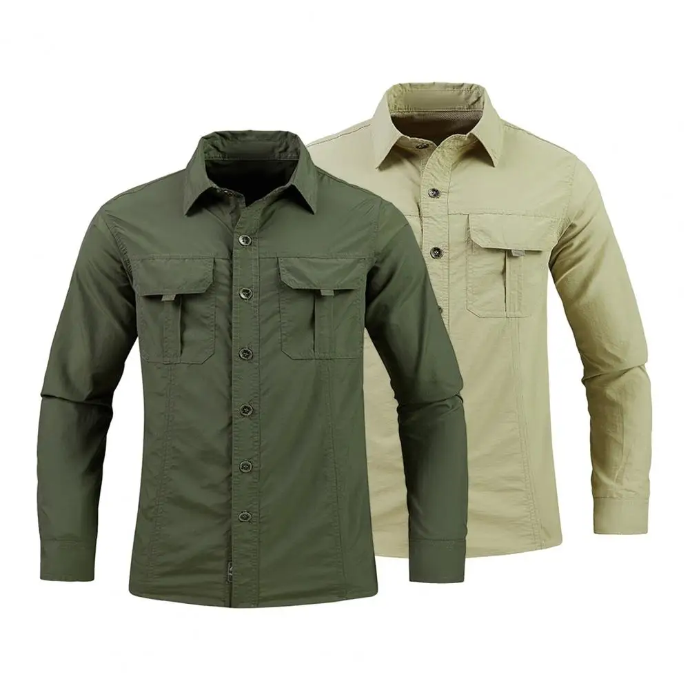 

Multi-pocket Shirt Outdoor Workwear Shirt for Men Quick Dry Breathable Long Sleeve with Big Pockets Solid Color Lapel for Spring