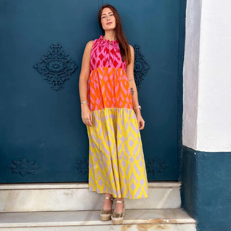 Chic Patchwork Printed Dress For Women Chic Round Neck Sleeveless Casual Maixi Dress Summer New Female Vacation Robe