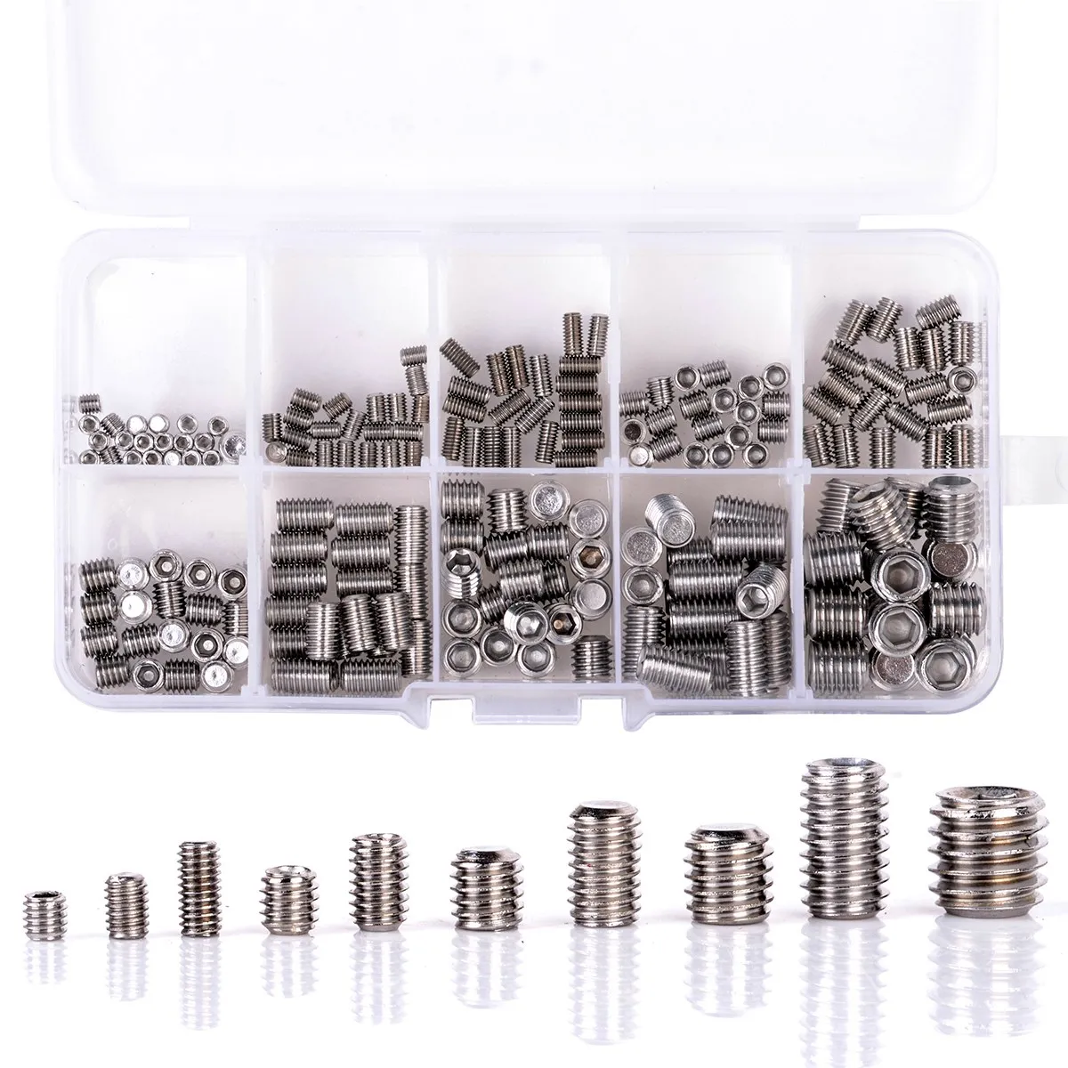 

200Pcs 304 Stainless Steel Grub Screws Hex Socket Screw Assortment Kit Set M3/M4/M5/M6/M8