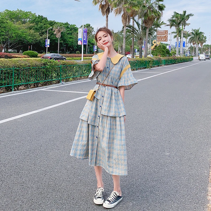 

Fashion Spliced Ruffles Short Sleeve Peter Pan Collar Single Breasted Plaid Long Shirt Dress for Women Elegant Sweet Korean Q873