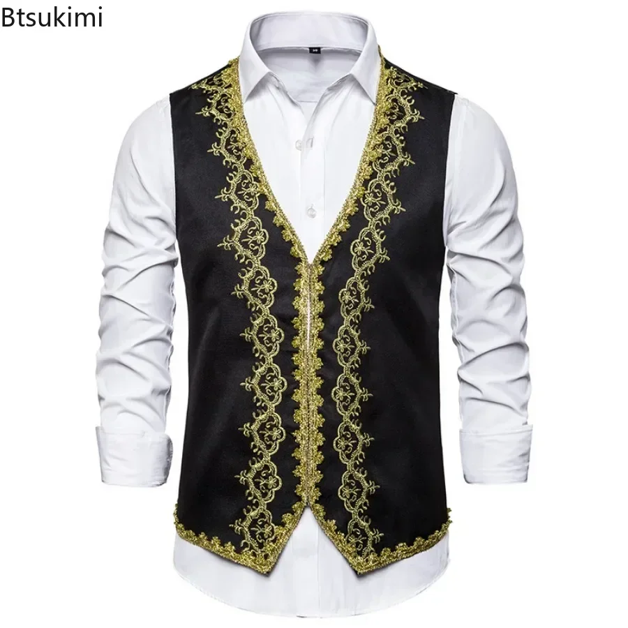 New Stylish Gold Embroidery Baroque Vests Men's Slim Palace Banquet Clothing Waistcoat Men Stage Prom Drama Opera Costume Gilet dress vests