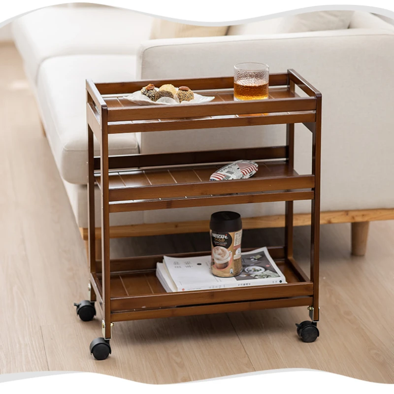 Movable Tea Table Storage Rack MultiLayer Kitchen and Living Room Organizer Bamboo Wood Tea Trolley