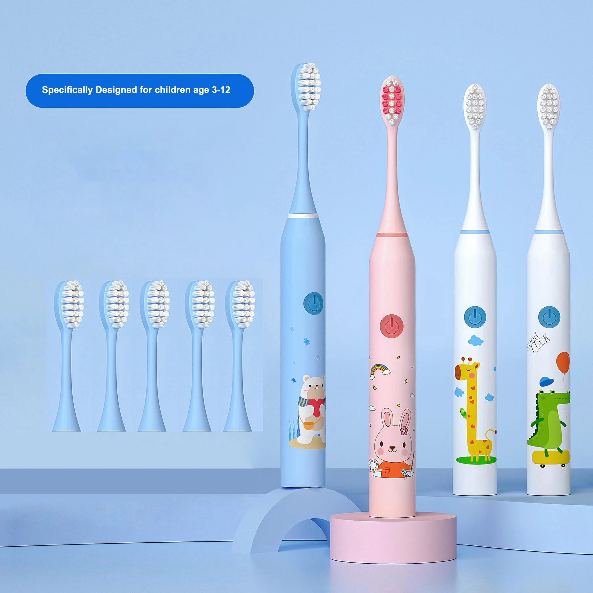 

5 Modes Kids Sonic Electric Toothbrush Colorful Cartoon For Children Rechargeable USB IPX7 Waterproof With Soft Replacement Head