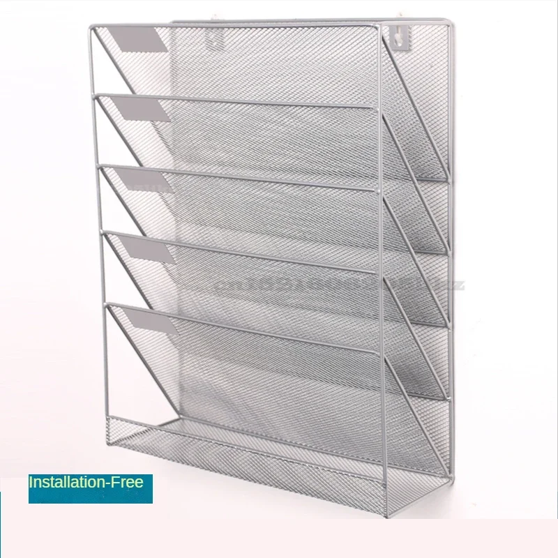5 Layer Metal Mesh Wall-Mounted Magazine Rack, Office Desk File Organizer, Archive Storage Black Shelf, Space-Saving Solution