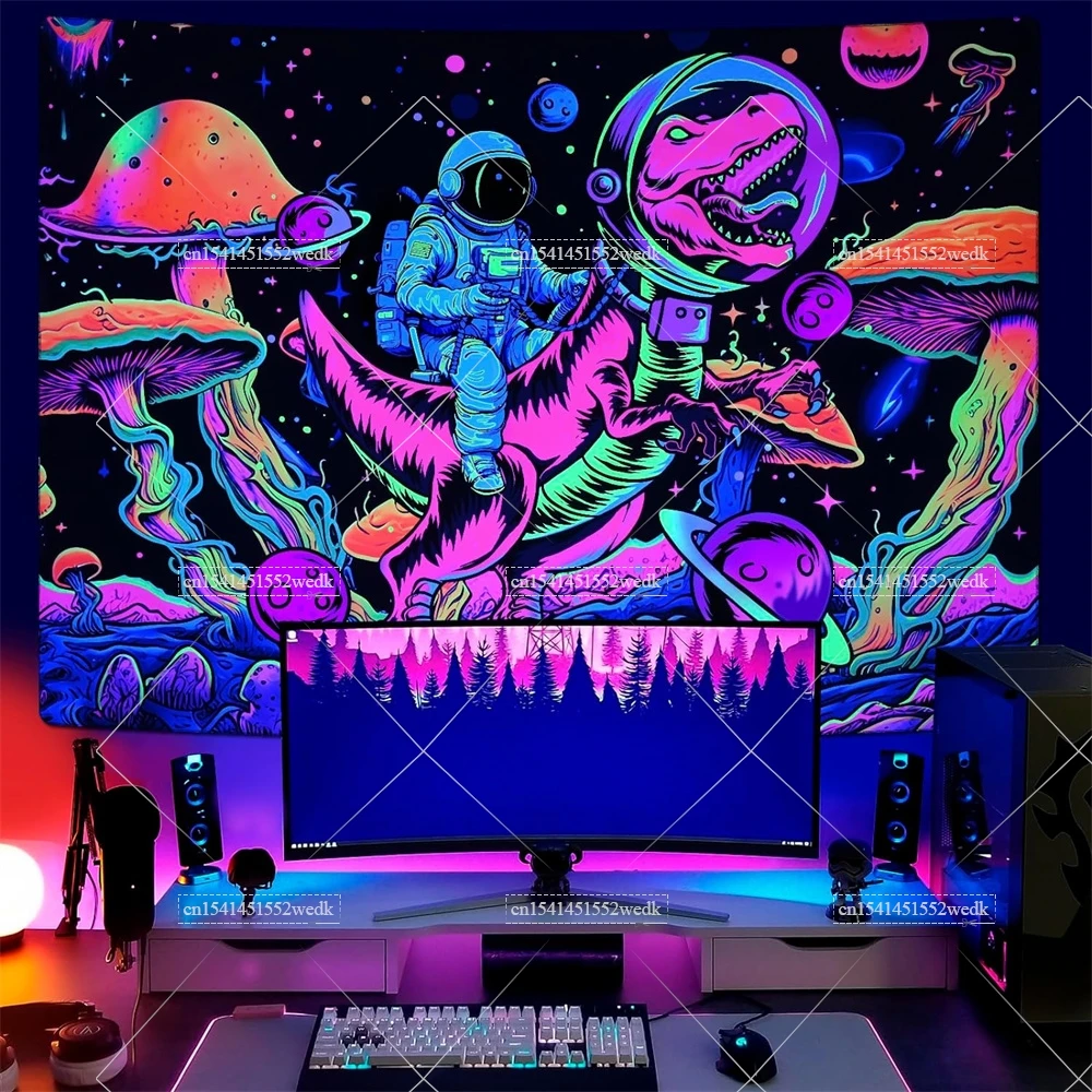 Blacklight Dinosaur Tapestry UV Reactive Space Astronaut Tapestries Neon Galaxy Planet Tapestry Stars Wall Hanging For Bedroom