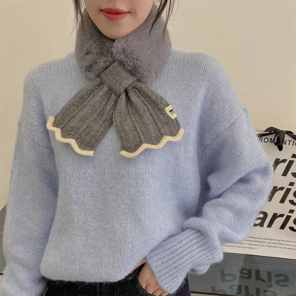 Korean Knitted Fishtail Scarf New Splice Wool Scarf Imitating Rex Rabbit Hair Cross Wool Scarf