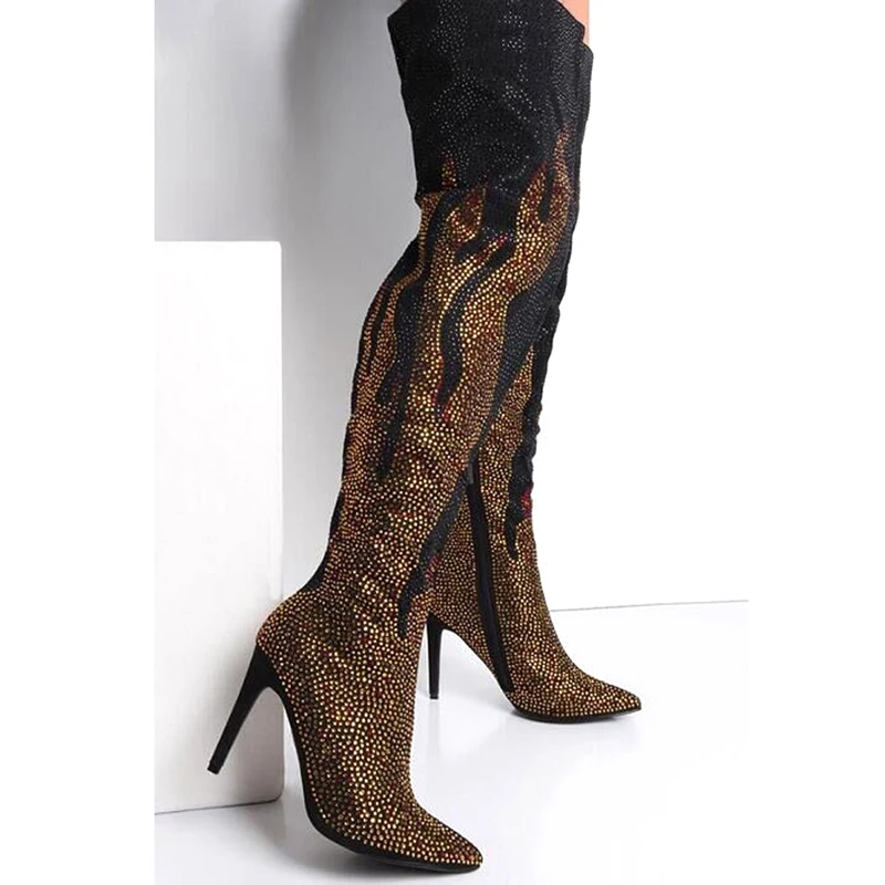

Female Golden Flame Crystal Patchwork Thigh Boots Thin Heels Zipper Glitter Rhinestone Fashion over Knee Boots